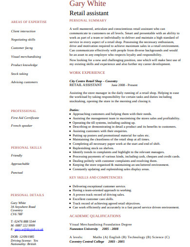 retail assistant cv template