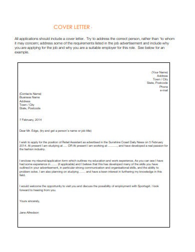 sample cover letter for shop assistant