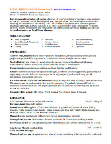 retail assistant store manager cv template