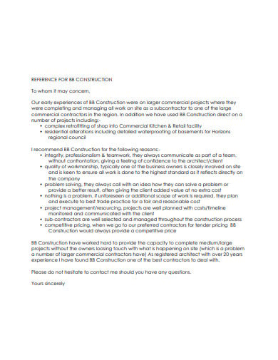 retail construction reference letter template