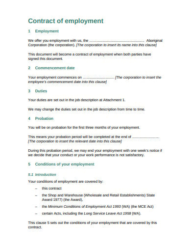 retail employment contract template