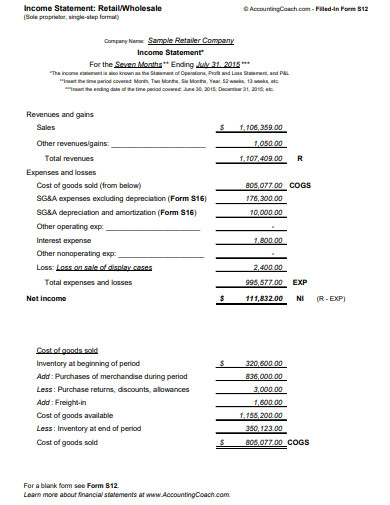 retail income statement template