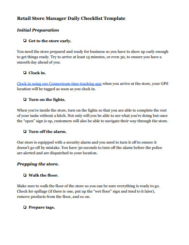 retail manager daily checklist template