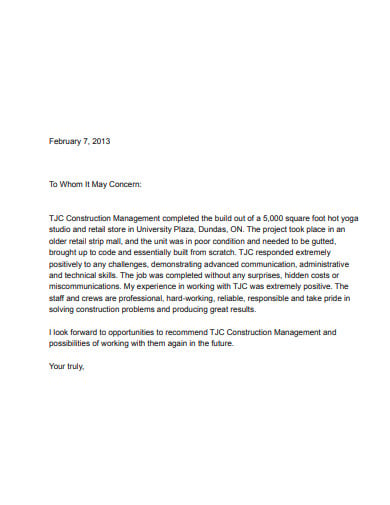 retail reference letter for construction