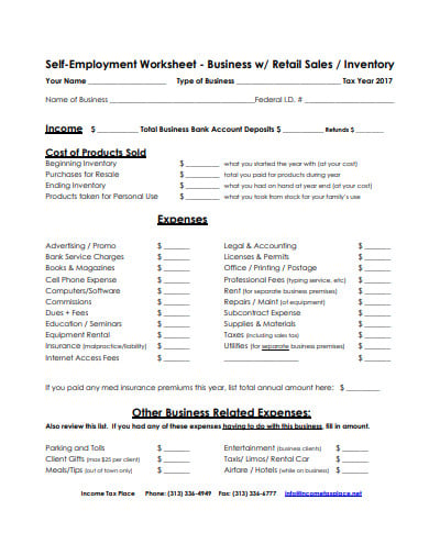 retail self employment worksheet