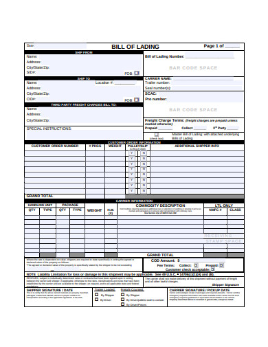 sample bill of lading template