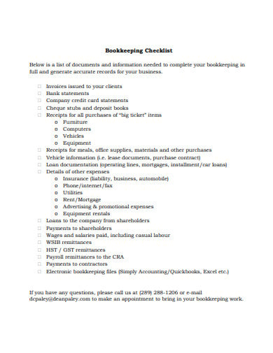 sample bookkeeping checklist
