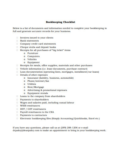 sample bookkeeping checklist