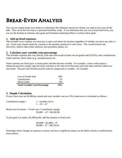 sample break even analysis template