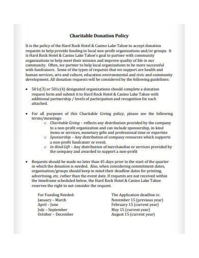 sample charitable donation policy