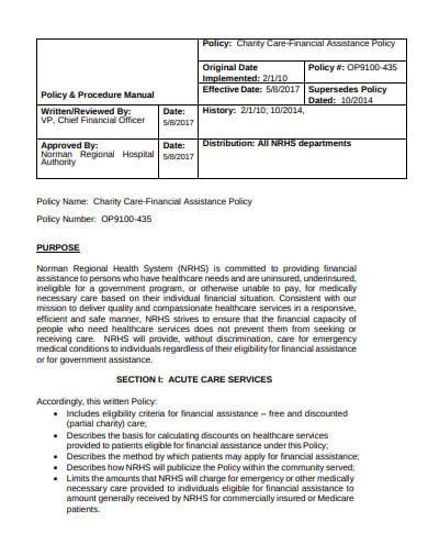 sample charity care financial assistance policy template