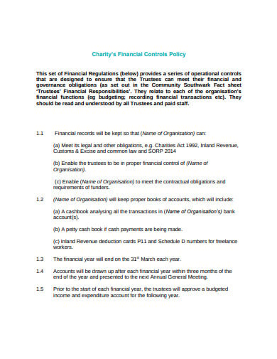 sample charity financial control policy template