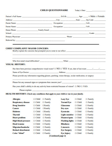 questionnaire for case study of a child