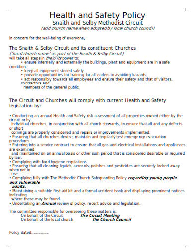 sample church health and safety policy