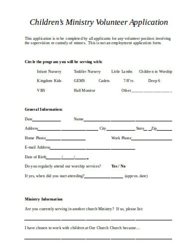 sample church volunteer childrens application form