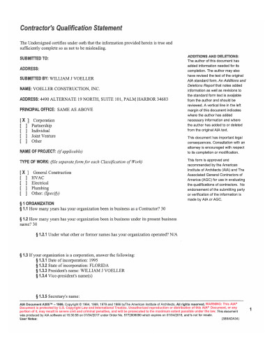 sample contractor qualification statement template