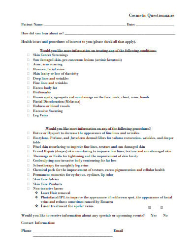 sample cosmetic questionnaire template