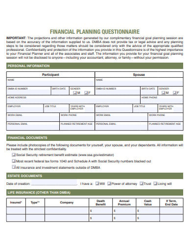 sample financial planning questionnaire template