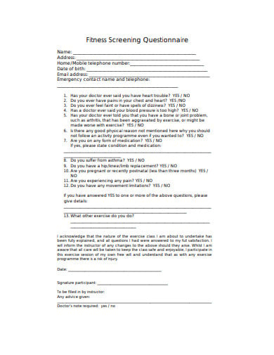 sample fitness screening questionnaire template