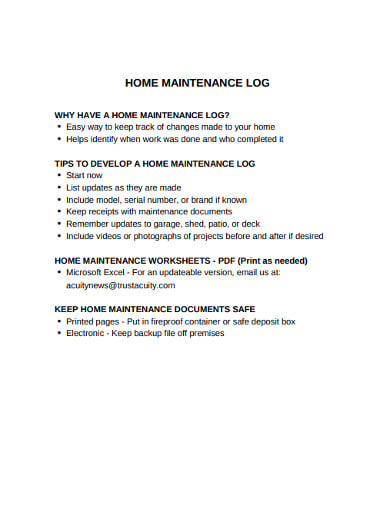 sample home maintenance log