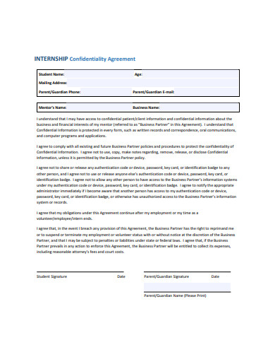 sample internship confidentiality agreement example