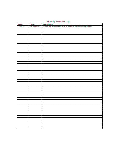 sample monthly exercise log template