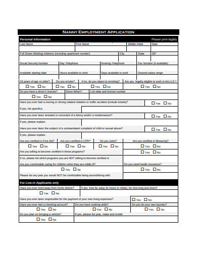 sample nanny employment application template