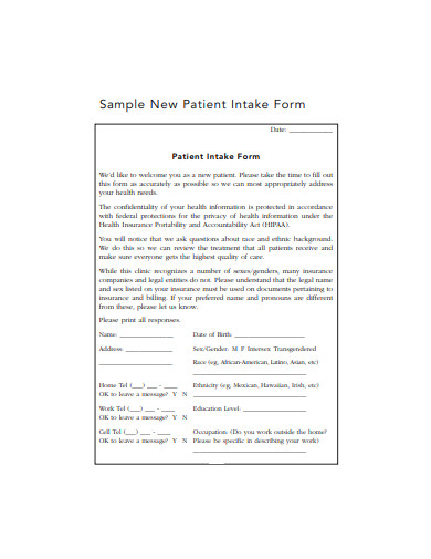sample new patient intake form template
