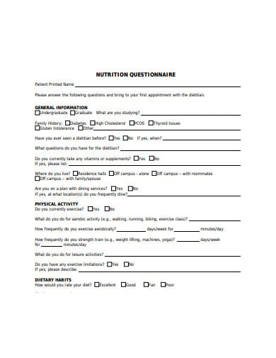 sample nutrition questionnaire example