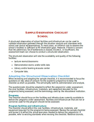sample observation school checklist