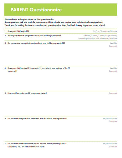 sample parent questionnaire