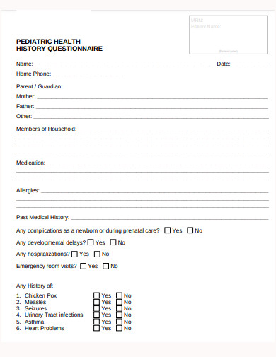 sample pediatric health history questionnaire template
