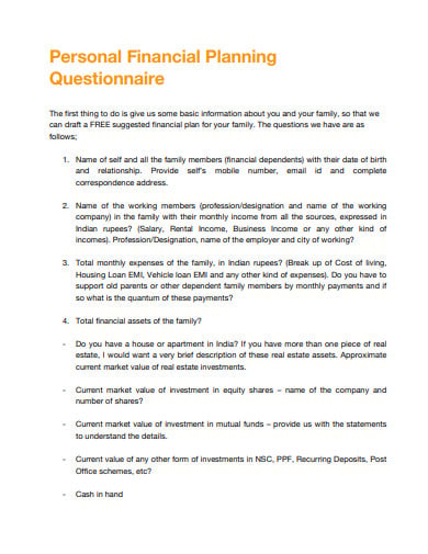 sample personal financial planning questionnaire template