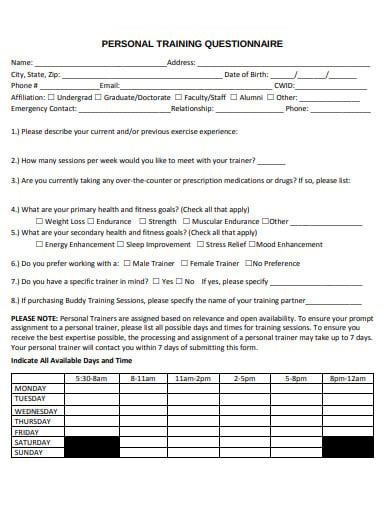 sample personal training questionnaire example