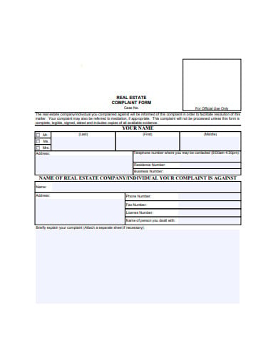 sample real estate complaint form template