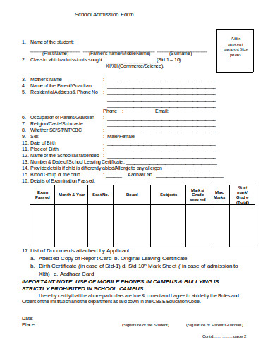 presentation school admission form