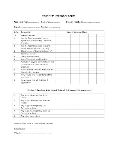 sample student feedback form template