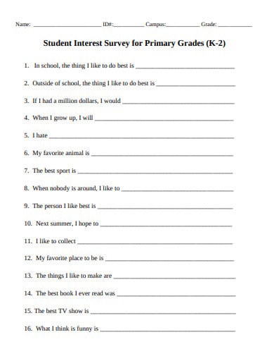 sample student interest survey format