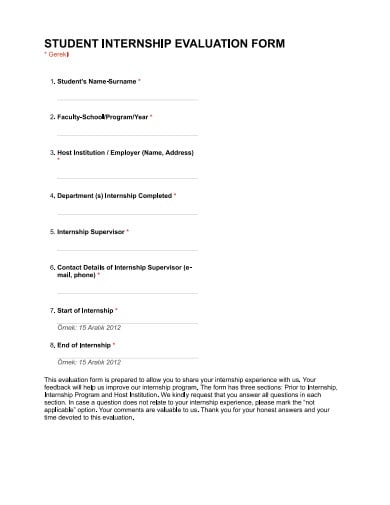 sample student internship evaluation form template