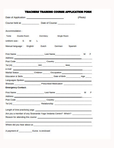 sample teacher training application form template