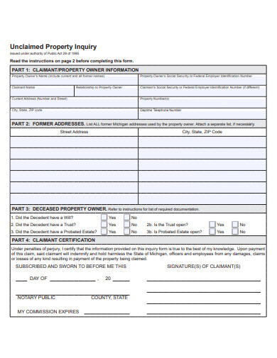 sample unclaimed property inquiry form template