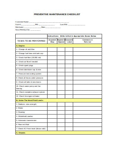 sample vehicle preventive maintenance checklist 