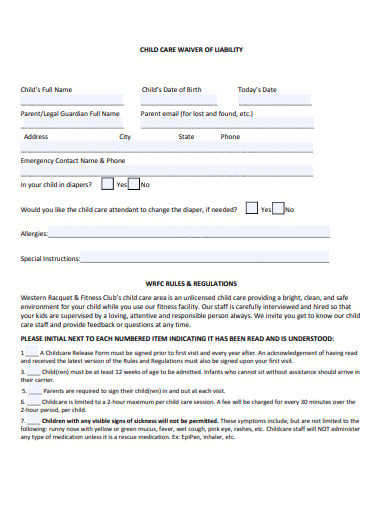 sample childcare liability wavier format template