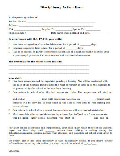 school disciplinary action form template
