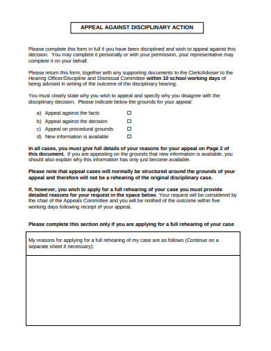 school disciplinary appeal action form template