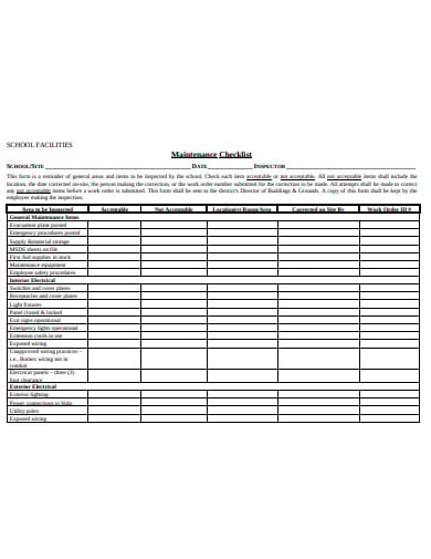 school maintenance checklist example