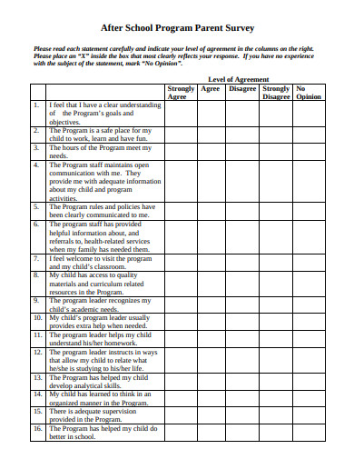 school program parent survey template
