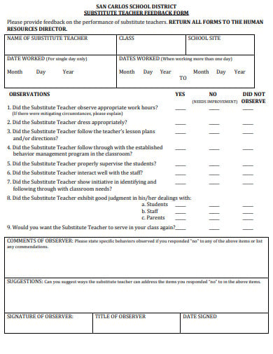 school substitute teacher feedback form template