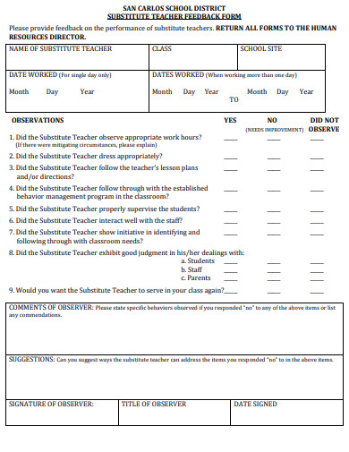 Substitute Teacher Printable Forms Printable Forms Free Online