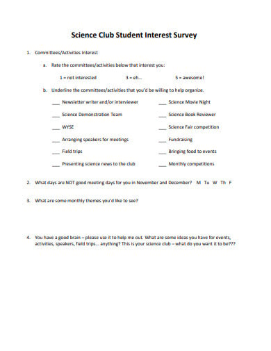 science club student interest survey template